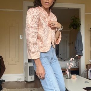 vintage silk floral cropped quilted open jacket